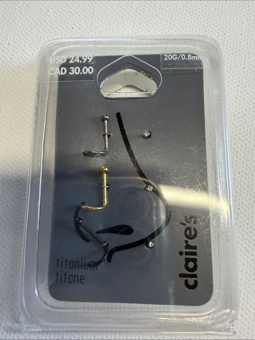 NWT CLAIRE’S TITANIUM 20G MIXED METAL CRYSTAL BALL NOSE RINGS 6 PACK